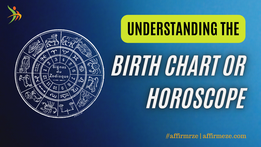 Understanding the birth chart or horoscope. Image of a birth chart or horoscope on a blue background, with the text "UNDERSTANDING THE BIRTH CHART OR HOROSCOPE" and the hashtag "#affirmrze".